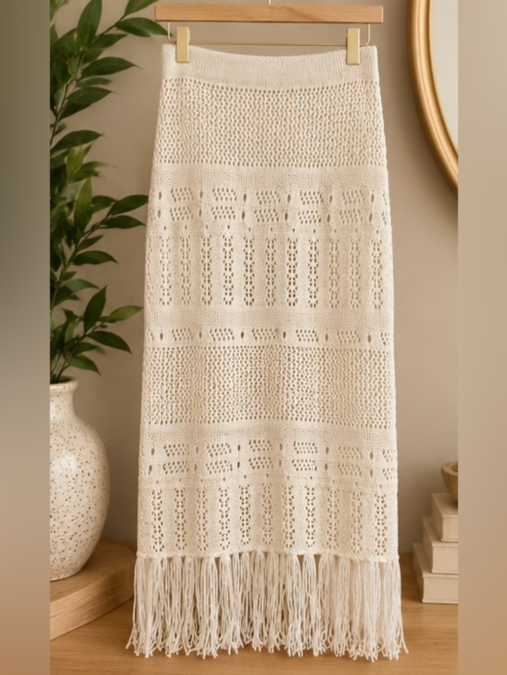 NWOT Cream Crochet Knit Fringe Midi Skirt Boho Size S